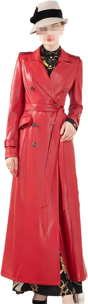 Red Extra Long Leather Trench Coat For Women Double Breasted British Style Sashes Maxi Overcoats