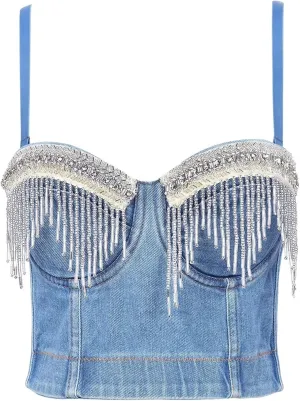 Rhinestone Corset Sexy Denim Rhinestone Corset Camisoles Bustiers Bra Party Club Streetwear Lingerie Look Stage Costumes(Color-03,M)