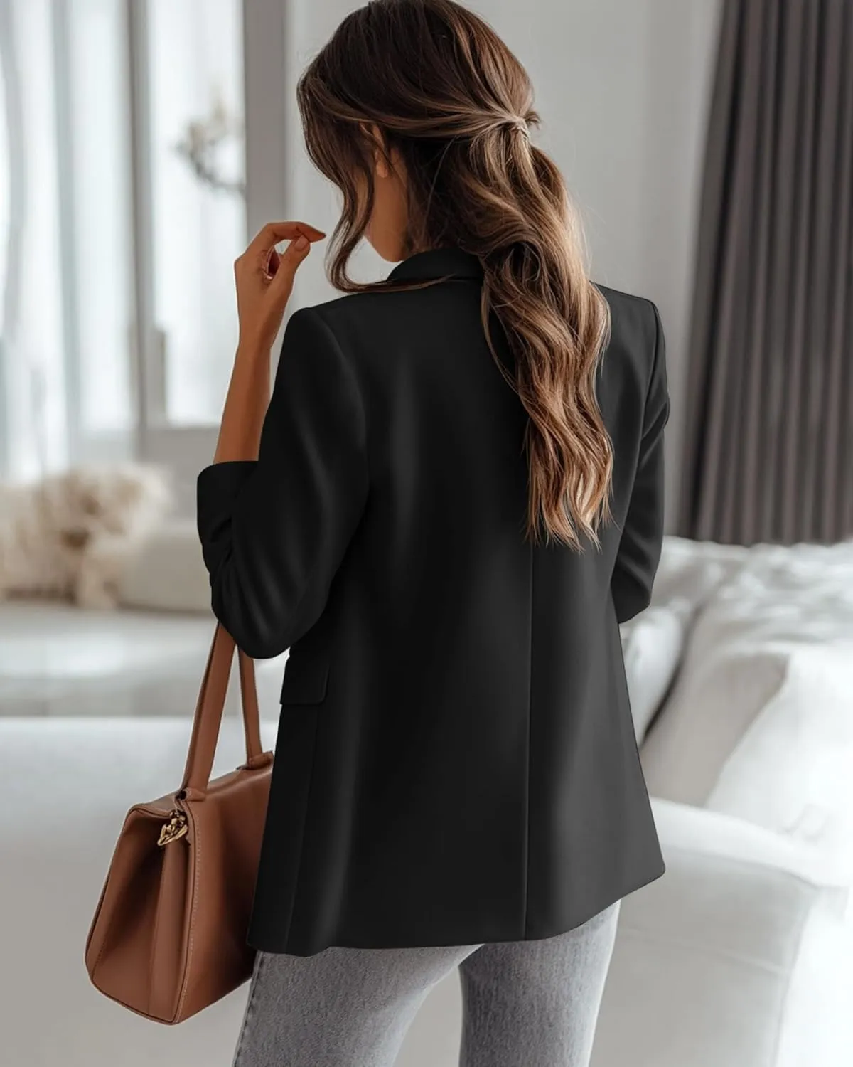 Riyiper Women's 3/4 Sleeve Blazer Open Front Blazer Jackets Casual Outfits Work Office Suit with Pockets