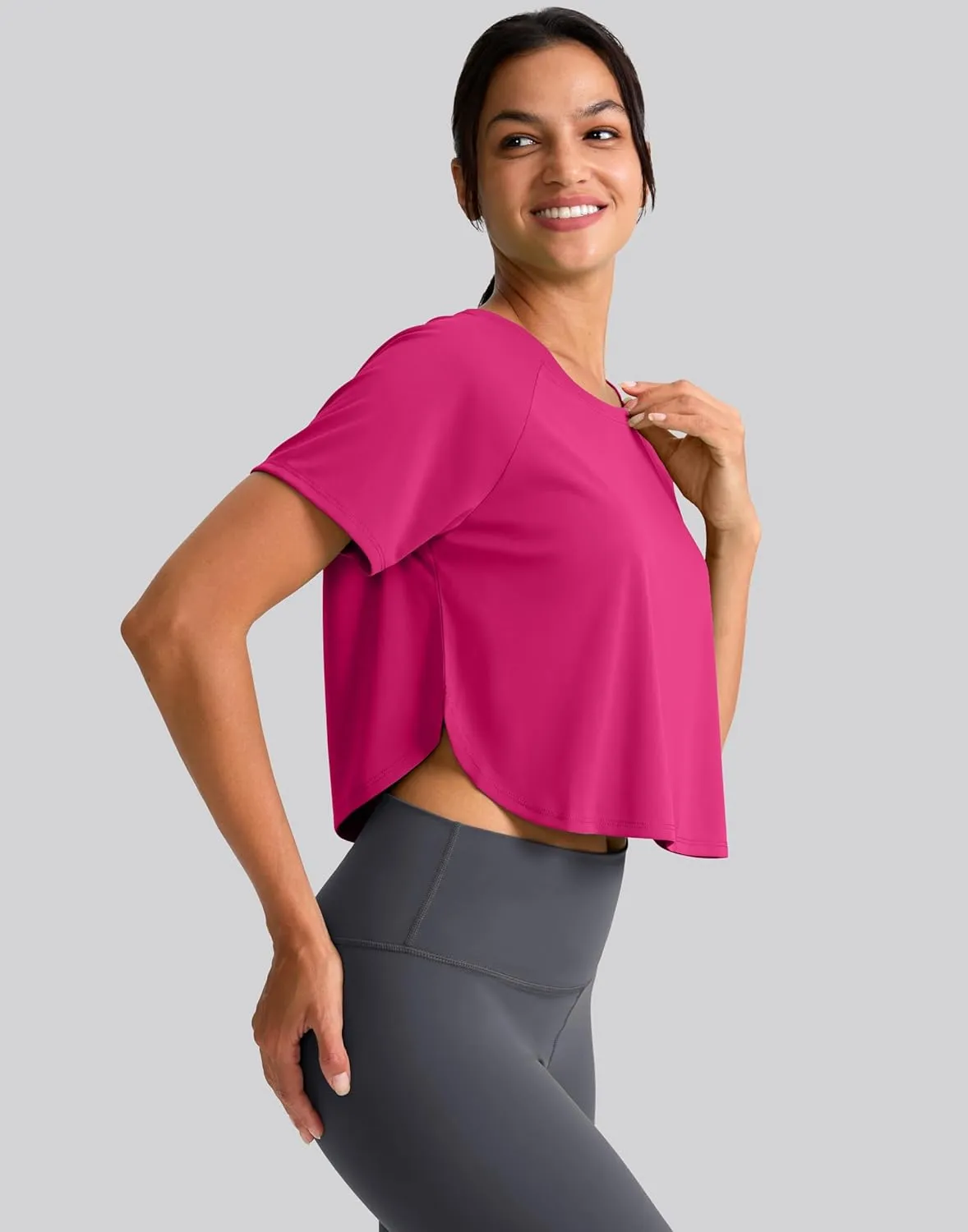 SANTINY Workout Crop Tops for Women Short Sleeve Athletic Shirts Cropped T-Shirt Yoga Gym Tops with Split Hem