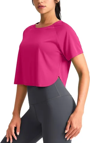 SANTINY Workout Crop Tops for Women Short Sleeve Athletic Shirts Cropped T-Shirt Yoga Gym Tops with Split Hem
