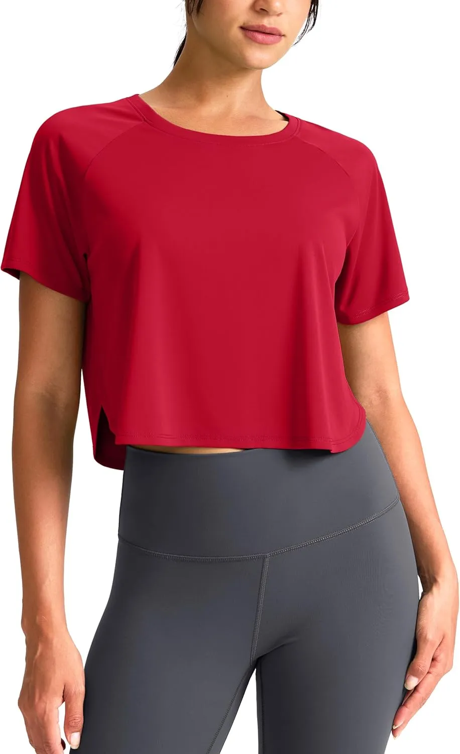 SANTINY Workout Crop Tops for Women Short Sleeve Athletic Shirts Cropped T-Shirt Yoga Gym Tops with Split Hem