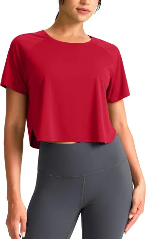 SANTINY Workout Crop Tops for Women Short Sleeve Athletic Shirts Cropped T-Shirt Yoga Gym Tops with Split Hem