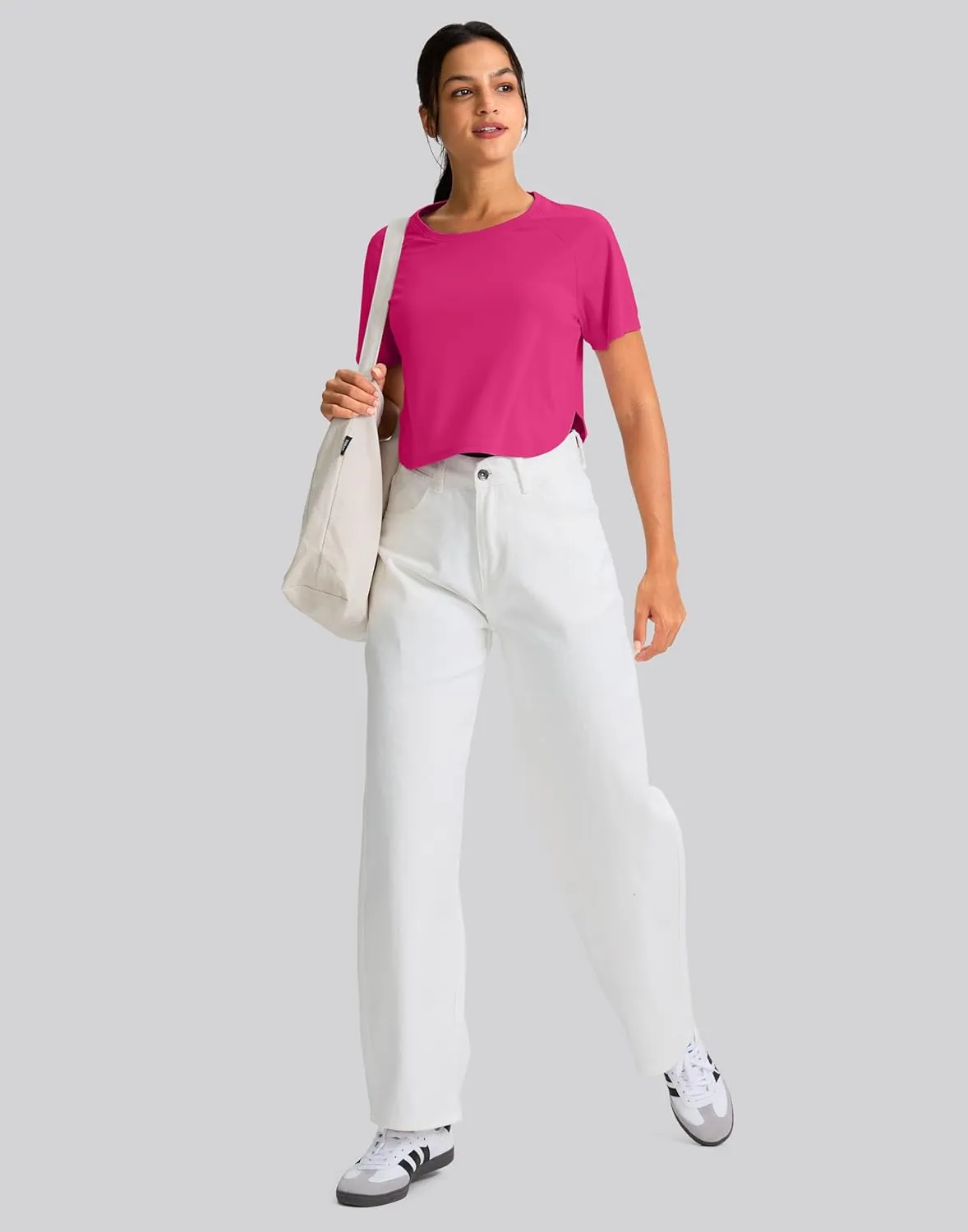 SANTINY Workout Crop Tops for Women Short Sleeve Athletic Shirts Cropped T-Shirt Yoga Gym Tops with Split Hem