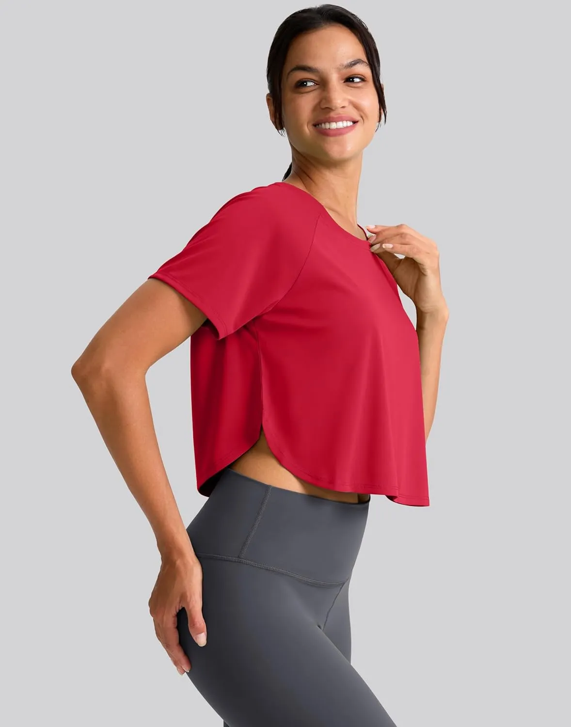 SANTINY Workout Crop Tops for Women Short Sleeve Athletic Shirts Cropped T-Shirt Yoga Gym Tops with Split Hem