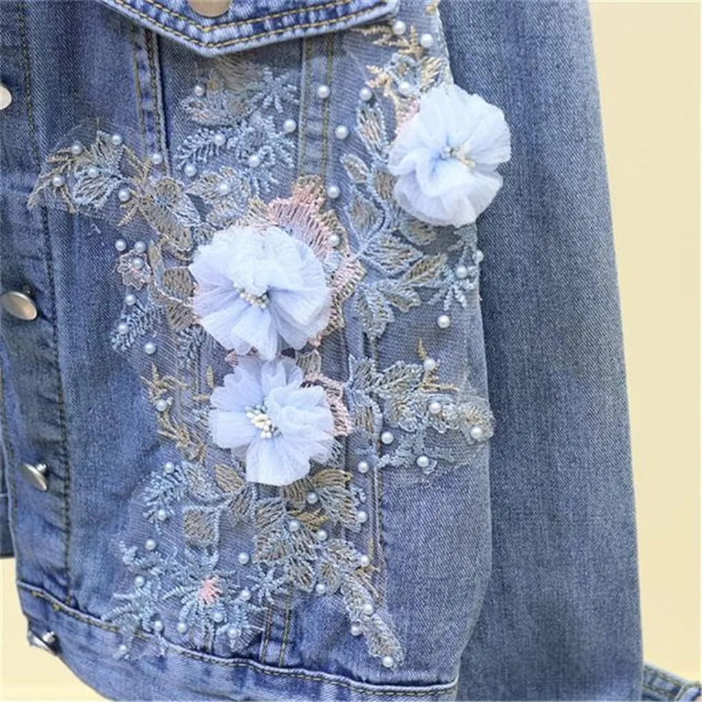 SaoBiiu Autumn Women Denim Jacket Embroidery Floral Jean Jacket Beading Pearl Ripped Hole Outerwear