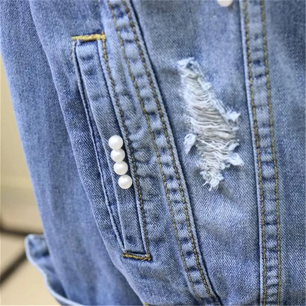 SaoBiiu Autumn Women Denim Jacket Embroidery Floral Jean Jacket Beading Pearl Ripped Hole Outerwear