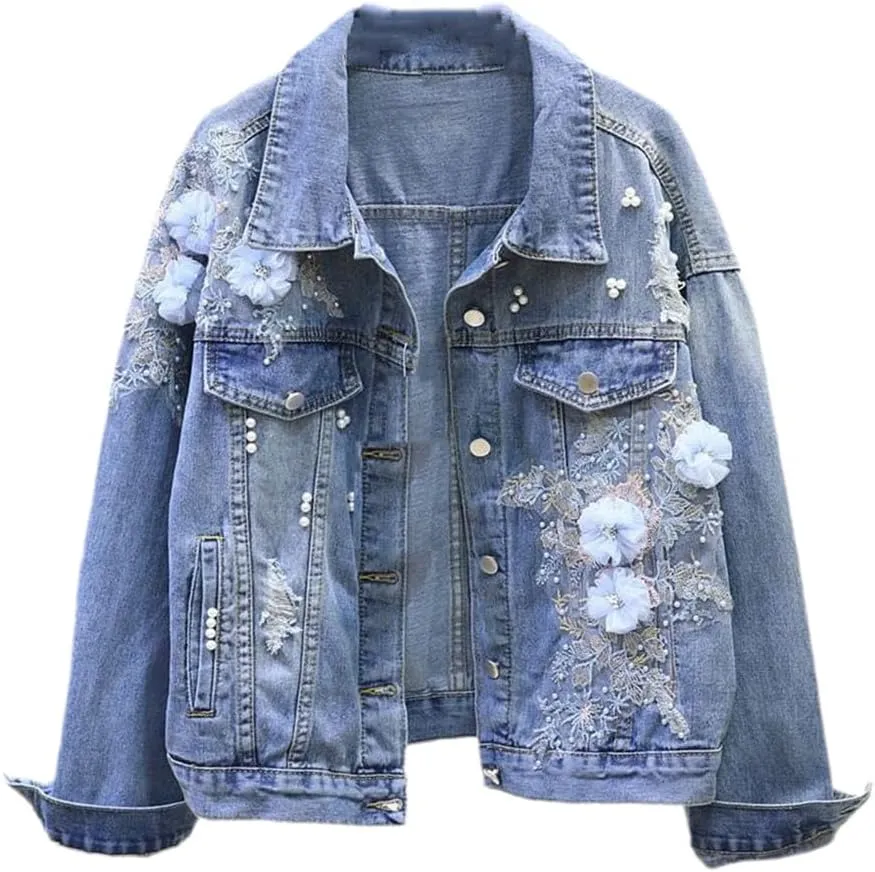 SaoBiiu Autumn Women Denim Jacket Embroidery Floral Jean Jacket Beading Pearl Ripped Hole Outerwear