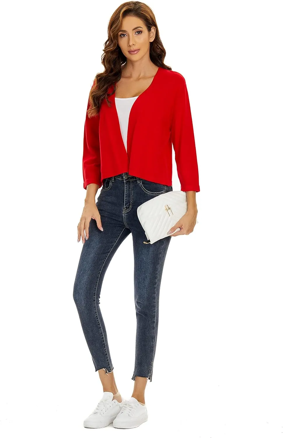 Satuun Women's 3/4 Sleeve Shrugs Lightweight Open Front Cropped Cardigan Tops