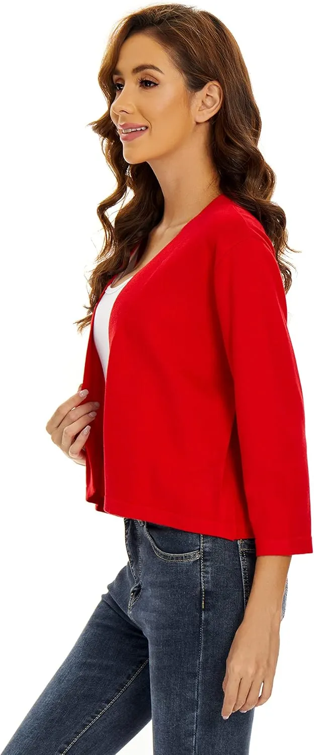 Satuun Women's 3/4 Sleeve Shrugs Lightweight Open Front Cropped Cardigan Tops