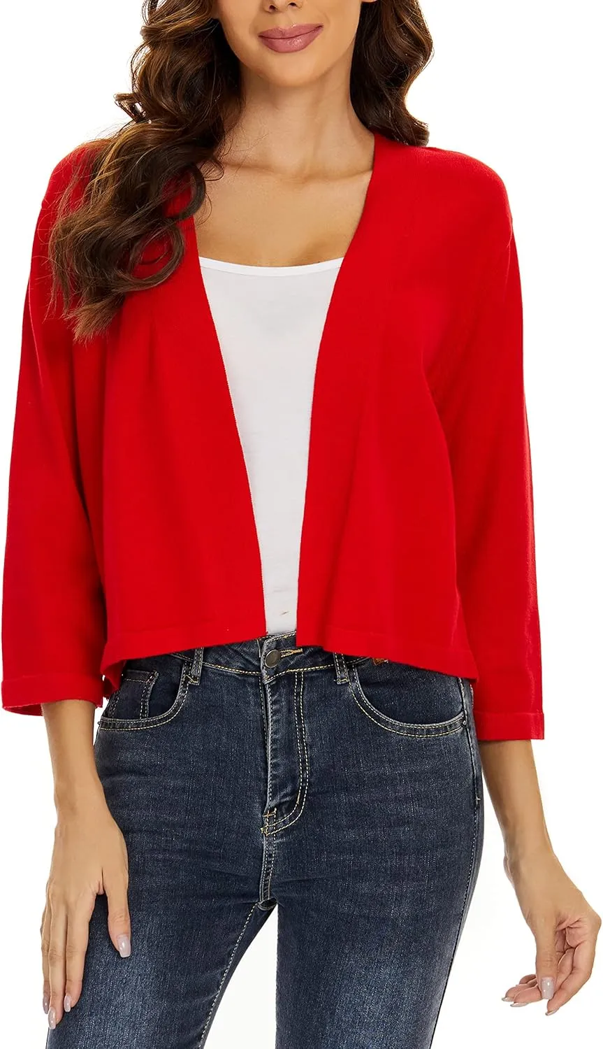 Satuun Women's 3/4 Sleeve Shrugs Lightweight Open Front Cropped Cardigan Tops
