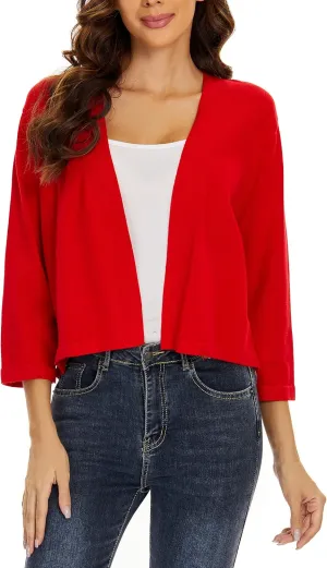 Satuun Women's 3/4 Sleeve Shrugs Lightweight Open Front Cropped Cardigan Tops