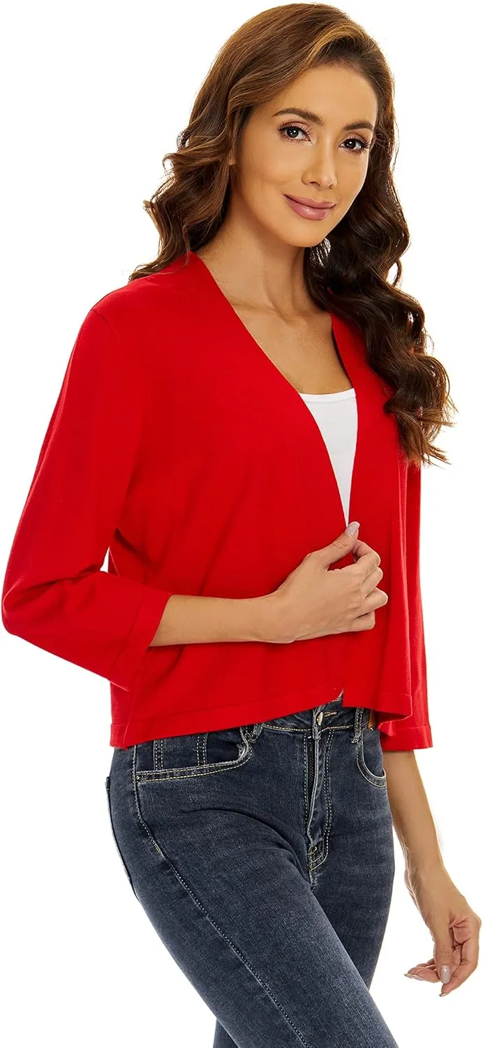 Satuun Women's 3/4 Sleeve Shrugs Lightweight Open Front Cropped Cardigan Tops