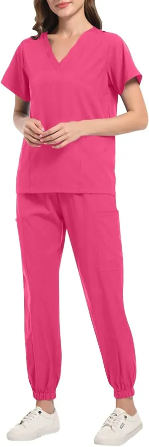 Scrub Sets for Woman Solid Color V-Neck Short Sleeve Scrub Top & Jogger Pants Multi-Pocket Nursing Uniforms Set