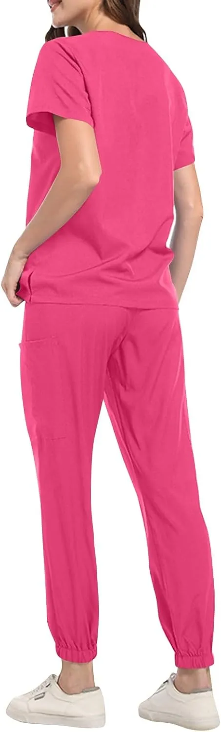 Scrub Sets for Woman Solid Color V-Neck Short Sleeve Scrub Top & Jogger Pants Multi-Pocket Nursing Uniforms Set