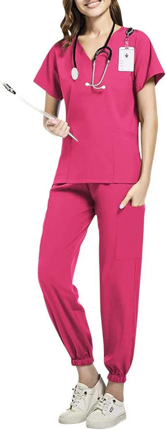 Scrub Sets for Woman Solid Color V-Neck Short Sleeve Scrub Top & Jogger Pants Multi-Pocket Nursing Uniforms Set