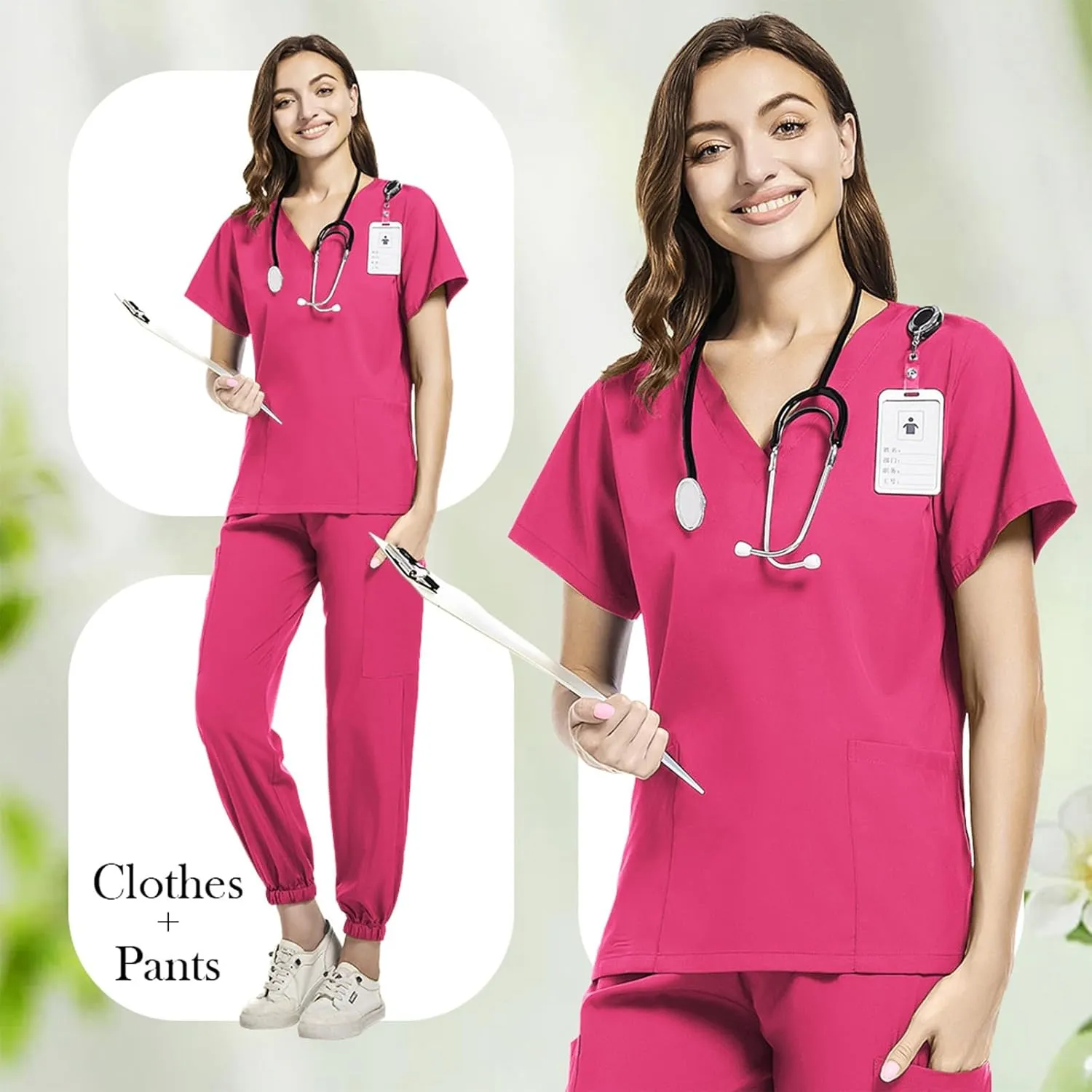 Scrub Sets for Woman Solid Color V-Neck Short Sleeve Scrub Top & Jogger Pants Multi-Pocket Nursing Uniforms Set