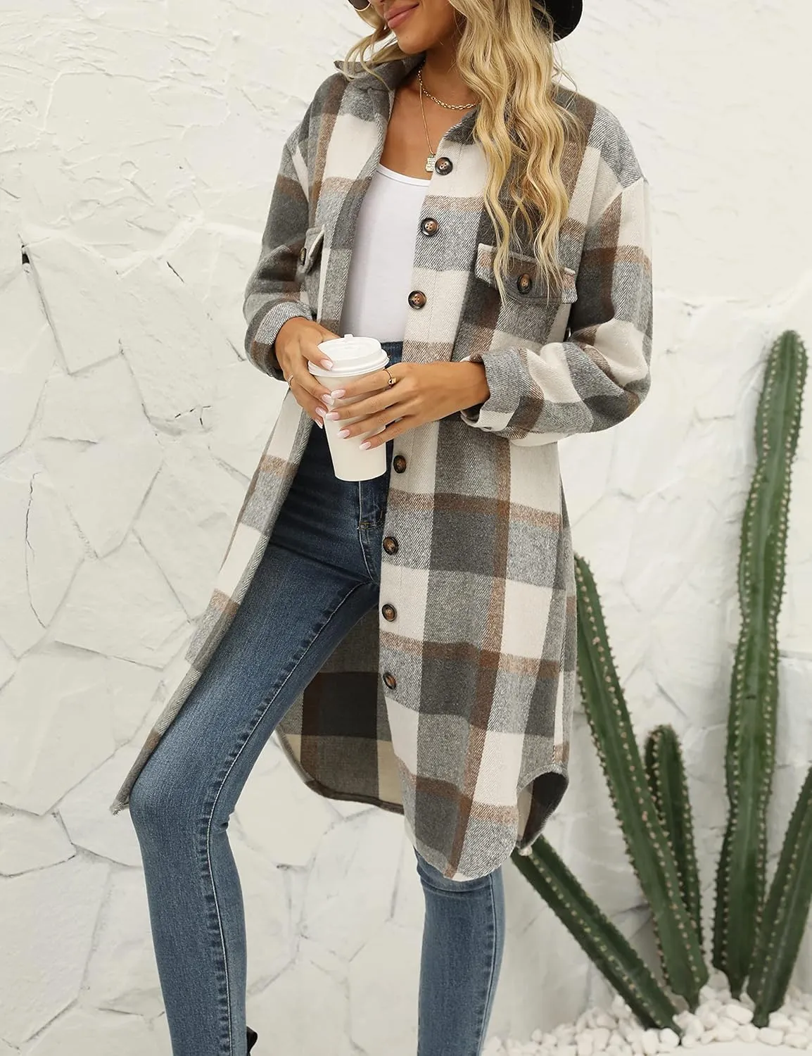 SeekMe Women's Oversized Flannel Plaid Shacket Jacket Flap Pocket Lapel Button Down Long Shirt Jackets
