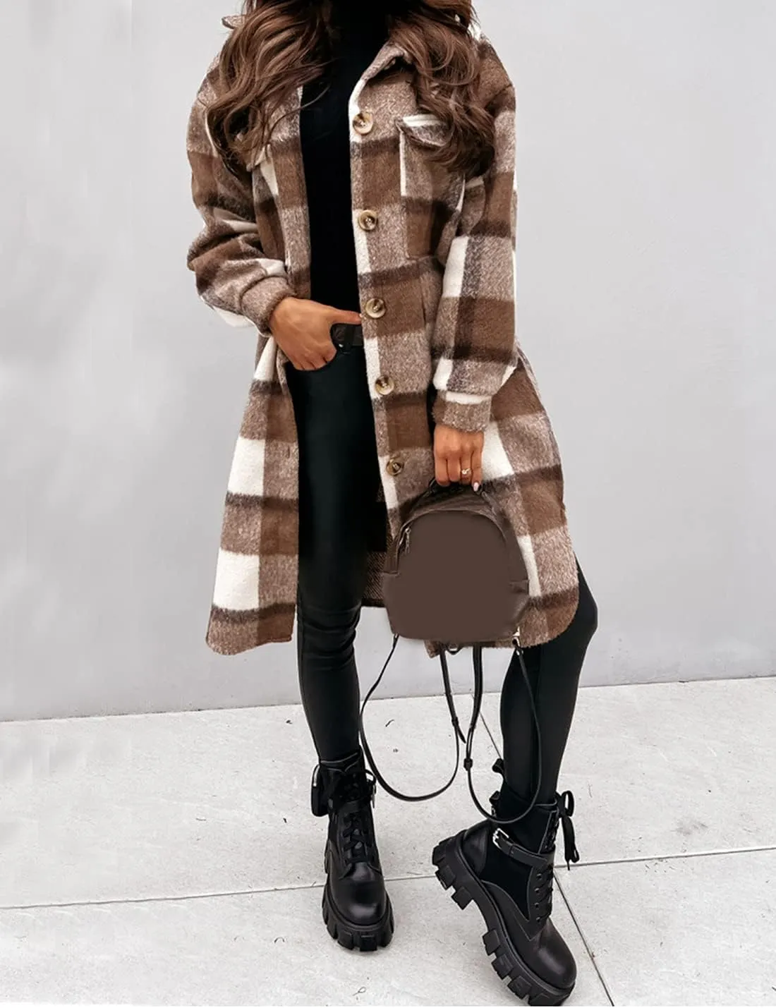 SeekMe Women's Oversized Flannel Plaid Shacket Jacket Flap Pocket Lapel Button Down Long Shirt Jackets
