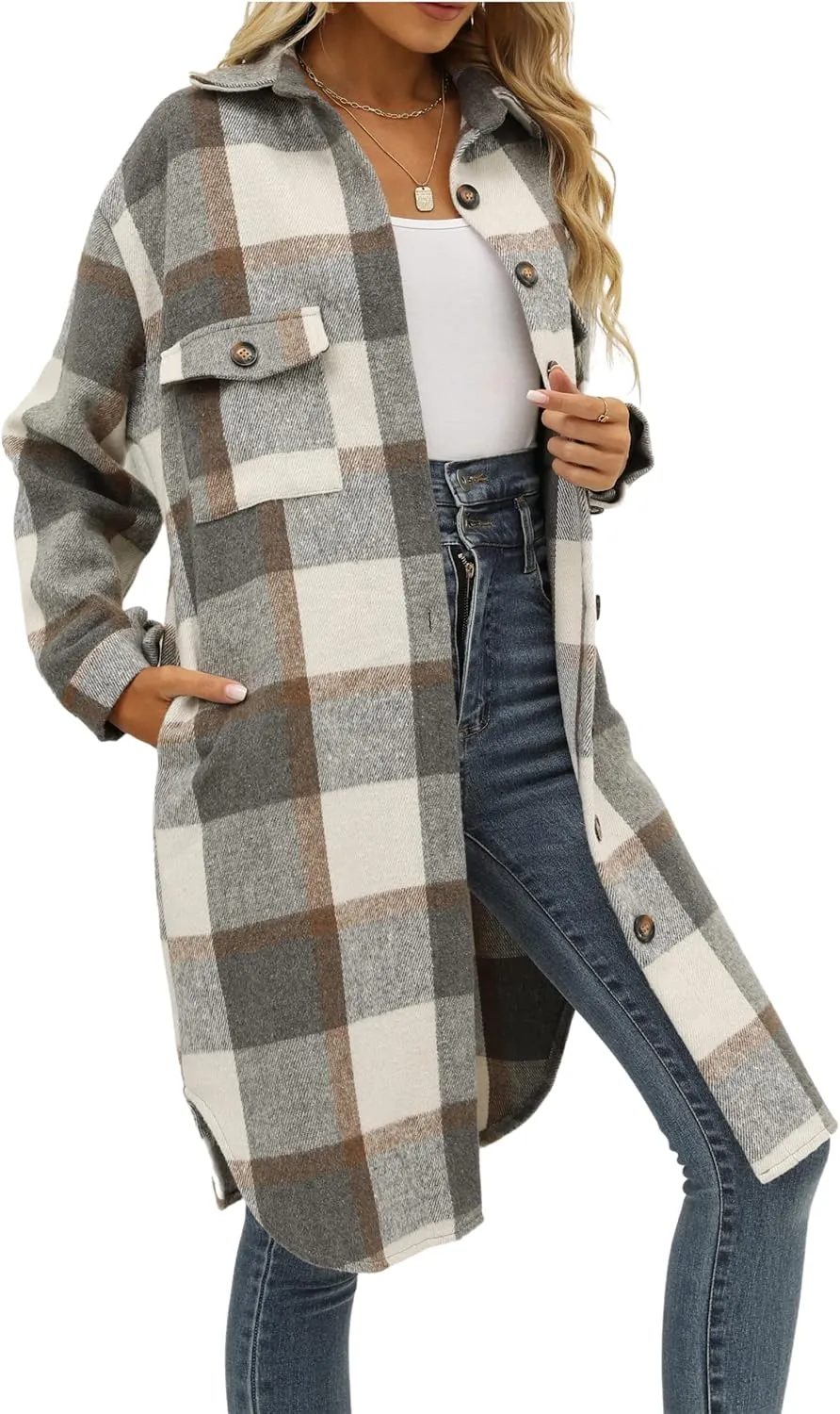 SeekMe Women's Oversized Flannel Plaid Shacket Jacket Flap Pocket Lapel Button Down Long Shirt Jackets
