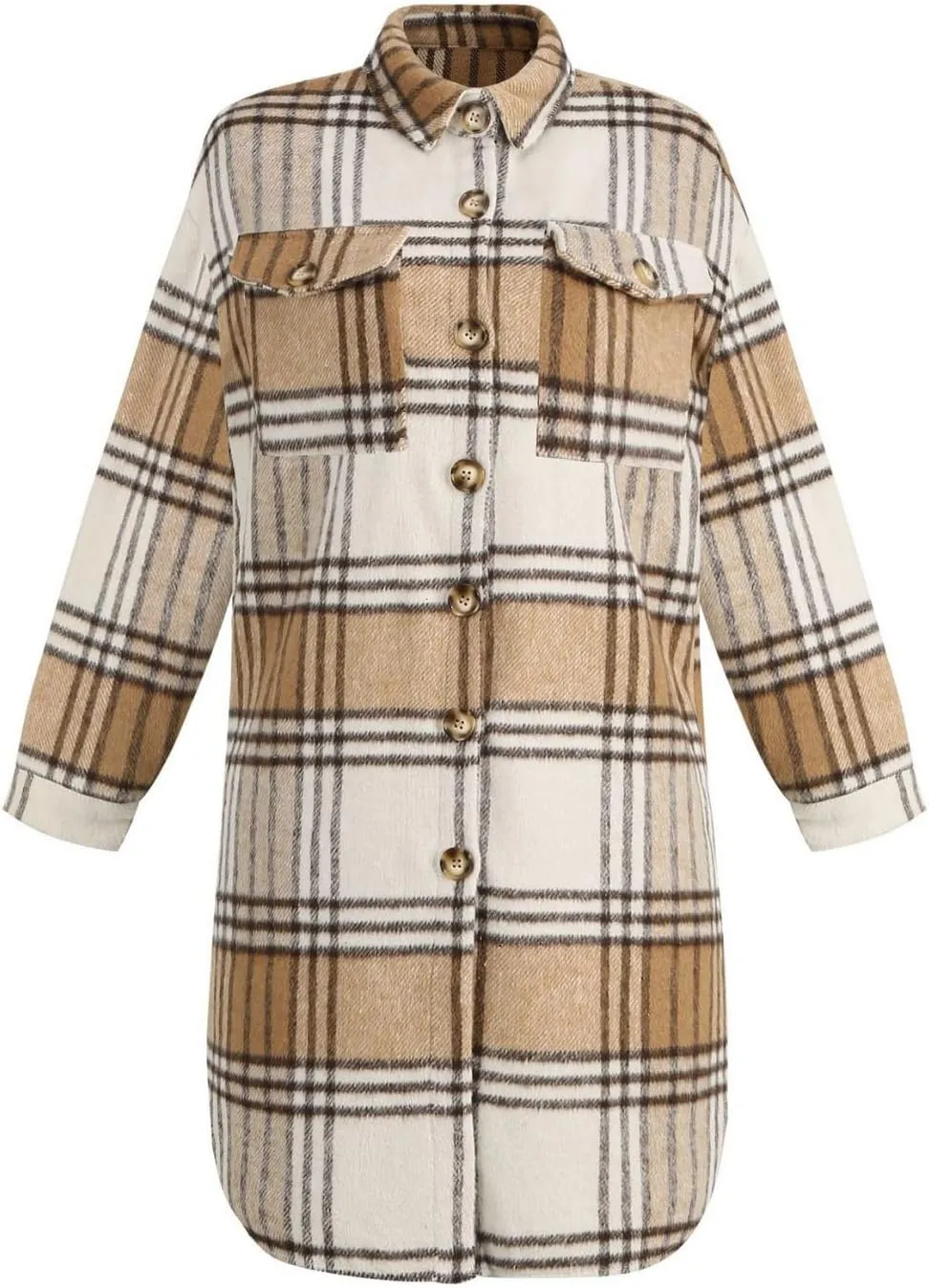 SeekMe Women's Oversized Flannel Plaid Shacket Jacket Flap Pocket Lapel Button Down Long Shirt Jackets
