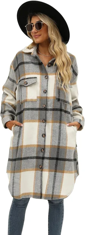 SeekMe Women's Oversized Flannel Plaid Shacket Jacket Flap Pocket Lapel Button Down Long Shirt Jackets