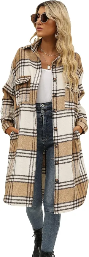 SeekMe Women's Oversized Flannel Plaid Shacket Jacket Flap Pocket Lapel Button Down Long Shirt Jackets