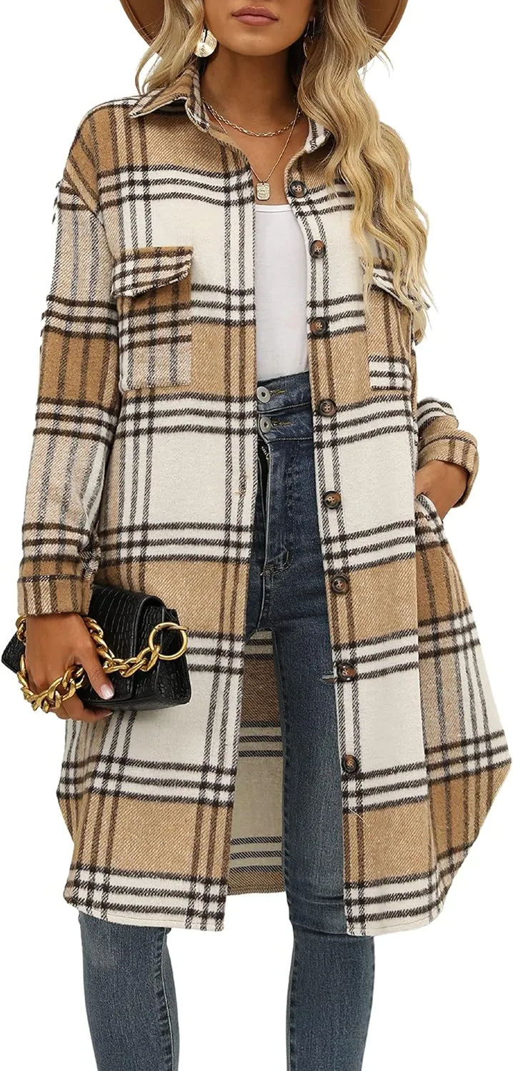 SeekMe Women's Oversized Flannel Plaid Shacket Jacket Flap Pocket Lapel Button Down Long Shirt Jackets