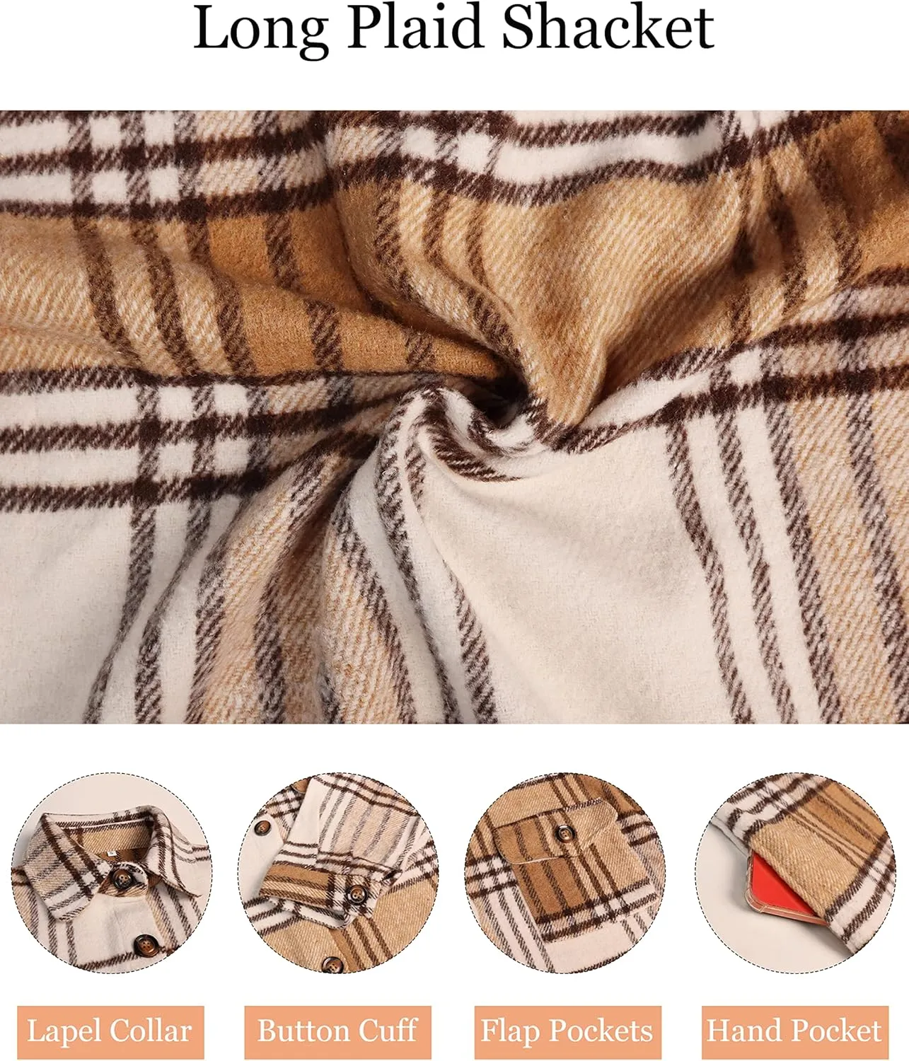 SeekMe Women's Oversized Flannel Plaid Shacket Jacket Flap Pocket Lapel Button Down Long Shirt Jackets