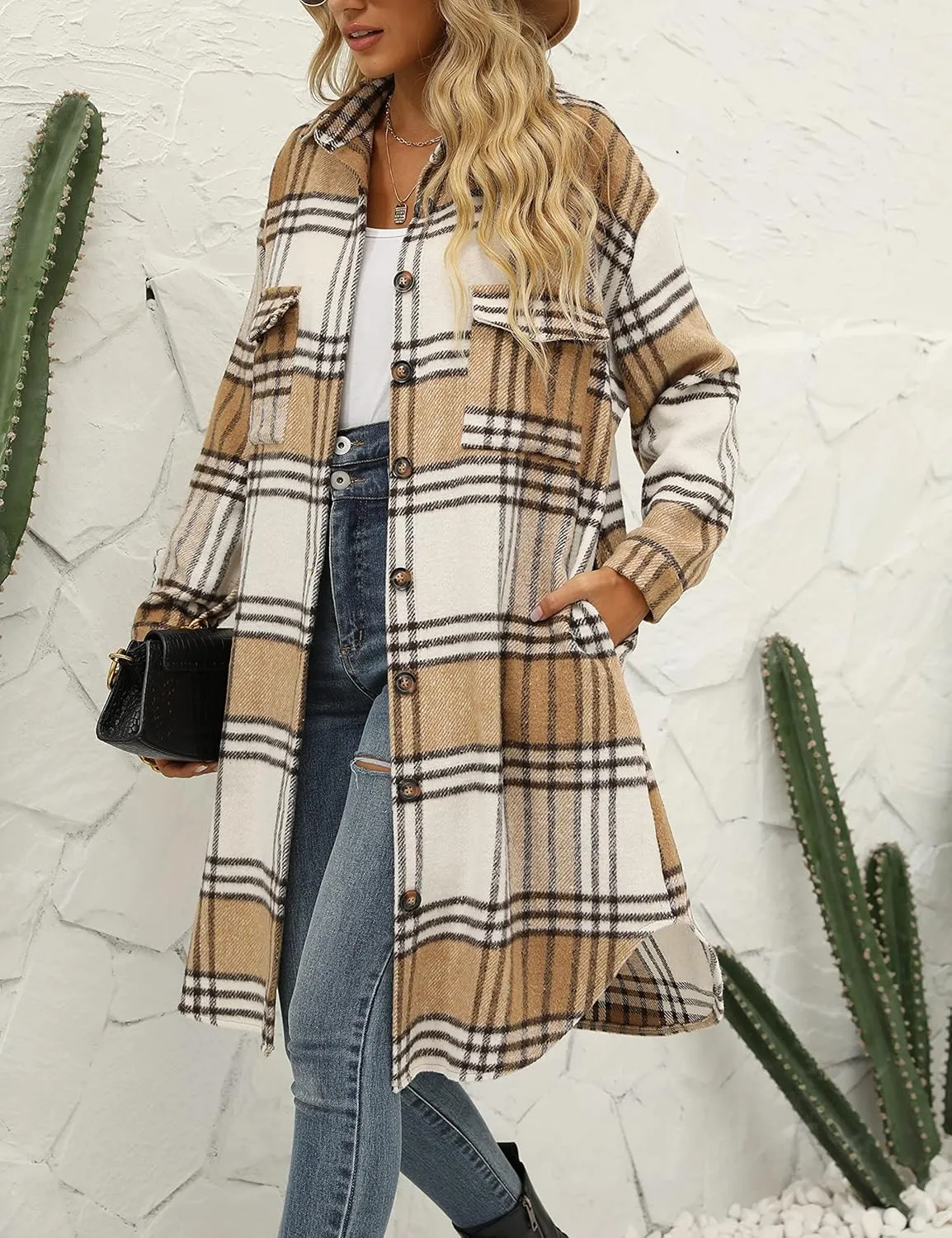 SeekMe Women's Oversized Flannel Plaid Shacket Jacket Flap Pocket Lapel Button Down Long Shirt Jackets