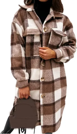 SeekMe Women's Oversized Flannel Plaid Shacket Jacket Flap Pocket Lapel Button Down Long Shirt Jackets