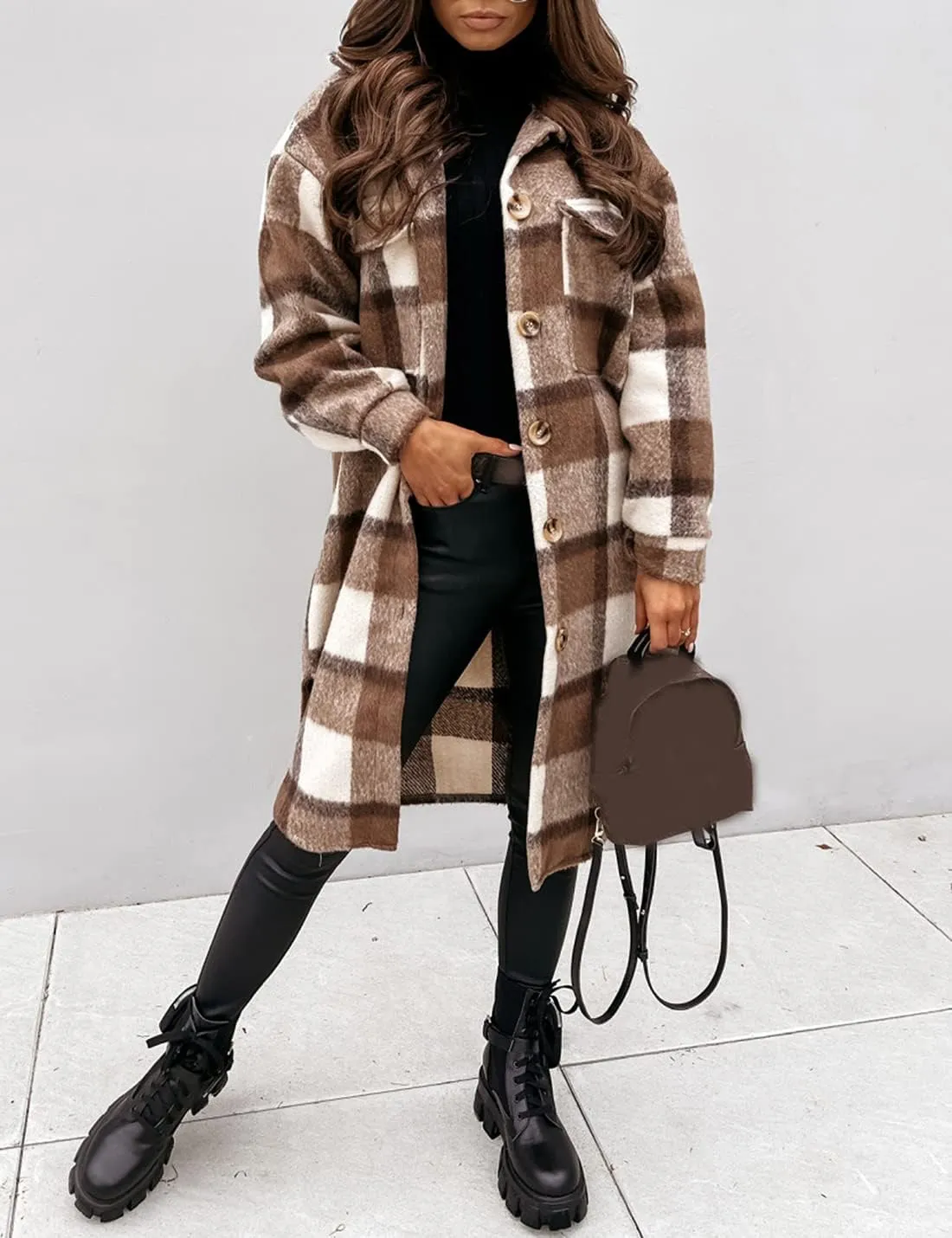 SeekMe Women's Oversized Flannel Plaid Shacket Jacket Flap Pocket Lapel Button Down Long Shirt Jackets