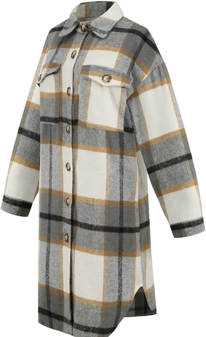 SeekMe Women's Oversized Flannel Plaid Shacket Jacket Flap Pocket Lapel Button Down Long Shirt Jackets