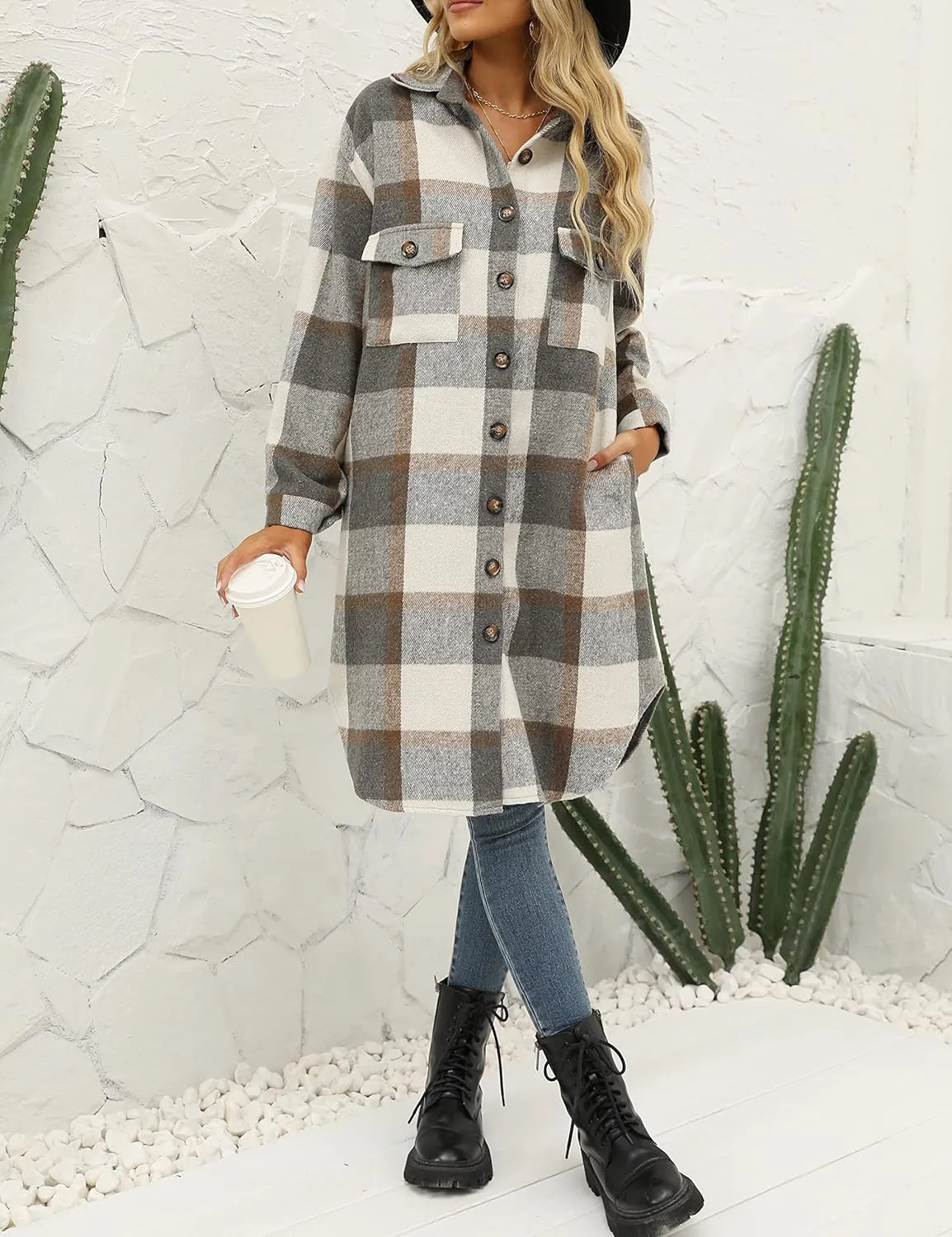 SeekMe Women's Oversized Flannel Plaid Shacket Jacket Flap Pocket Lapel Button Down Long Shirt Jackets