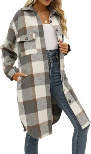 SeekMe Women's Oversized Flannel Plaid Shacket Jacket Flap Pocket Lapel Button Down Long Shirt Jackets