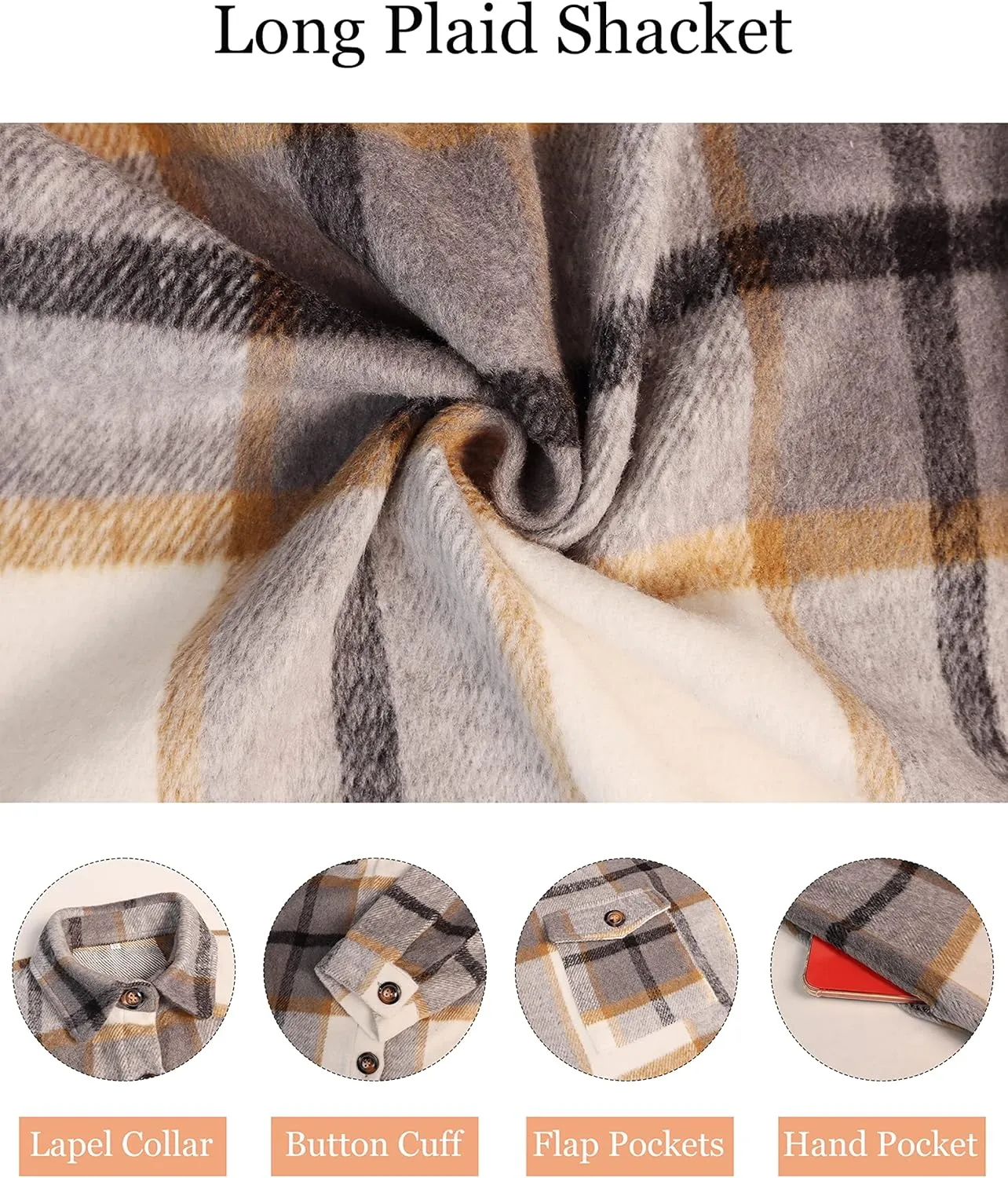 SeekMe Women's Oversized Flannel Plaid Shacket Jacket Flap Pocket Lapel Button Down Long Shirt Jackets