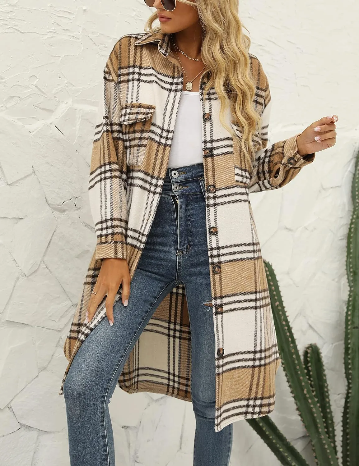 SeekMe Women's Oversized Flannel Plaid Shacket Jacket Flap Pocket Lapel Button Down Long Shirt Jackets