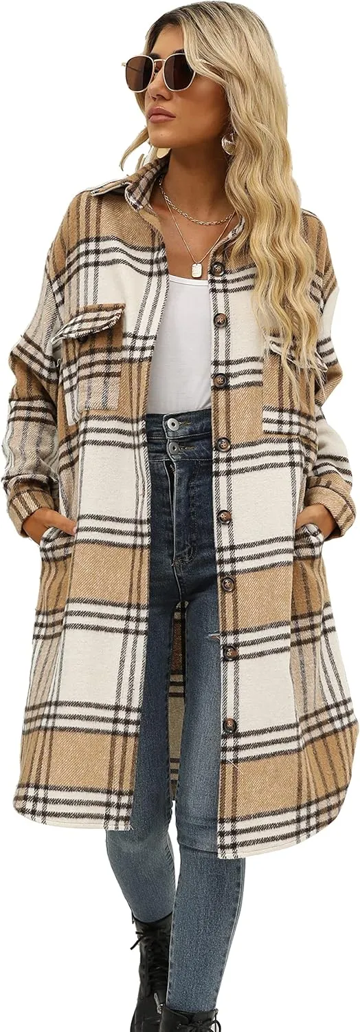 SeekMe Women's Oversized Flannel Plaid Shacket Jacket Flap Pocket Lapel Button Down Long Shirt Jackets