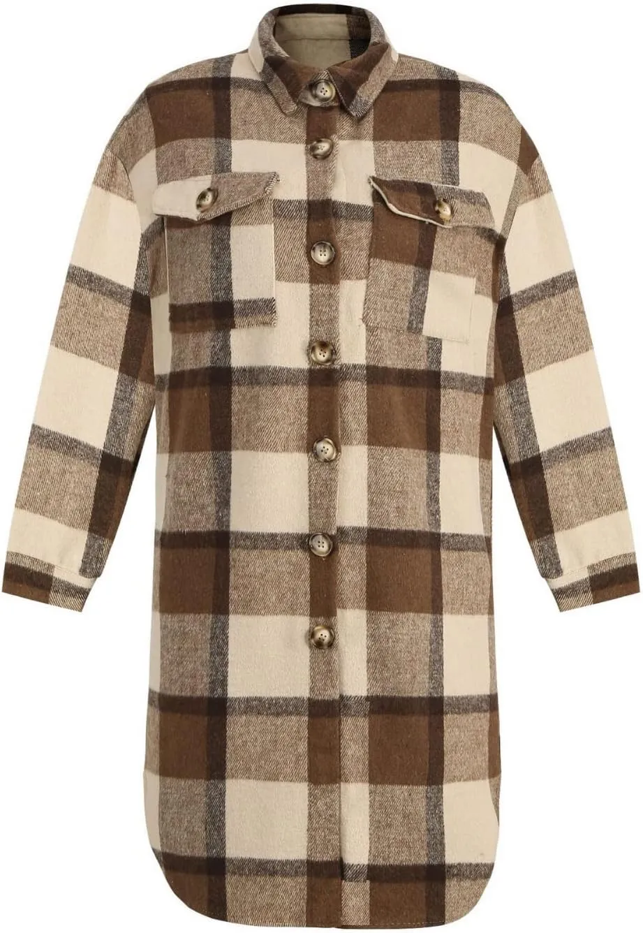SeekMe Women's Oversized Flannel Plaid Shacket Jacket Flap Pocket Lapel Button Down Long Shirt Jackets