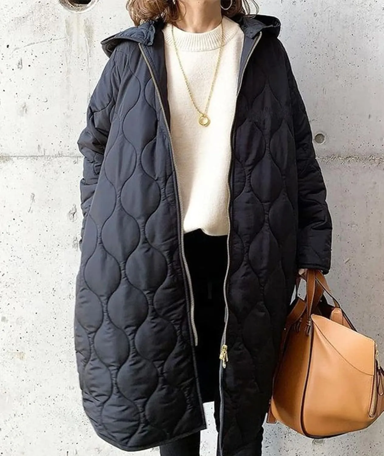 Sexyshine Women's Diamond Quilted Jacket Zipper Up Hooded Long Lightweight Padding Down Coat with Pockets