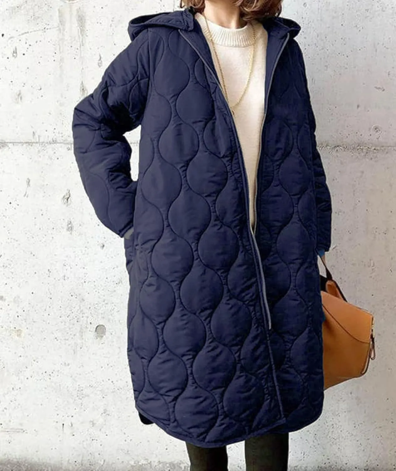 Sexyshine Women's Diamond Quilted Jacket Zipper Up Hooded Long Lightweight Padding Down Coat with Pockets