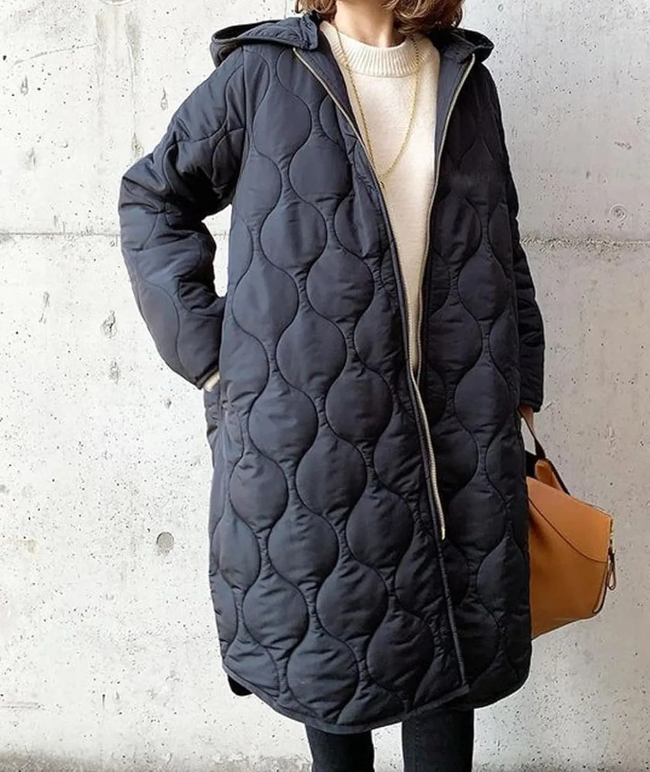 Sexyshine Women's Diamond Quilted Jacket Zipper Up Hooded Long Lightweight Padding Down Coat with Pockets