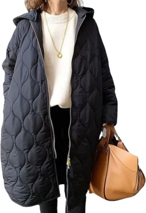 Sexyshine Women's Diamond Quilted Jacket Zipper Up Hooded Long Lightweight Padding Down Coat with Pockets