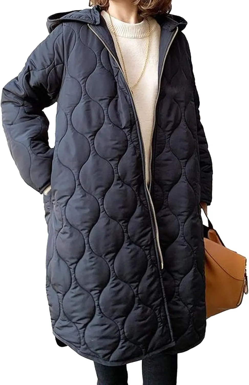 Sexyshine Women's Diamond Quilted Jacket Zipper Up Hooded Long Lightweight Padding Down Coat with Pockets