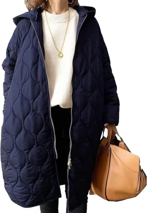 Sexyshine Women's Diamond Quilted Jacket Zipper Up Hooded Long Lightweight Padding Down Coat with Pockets