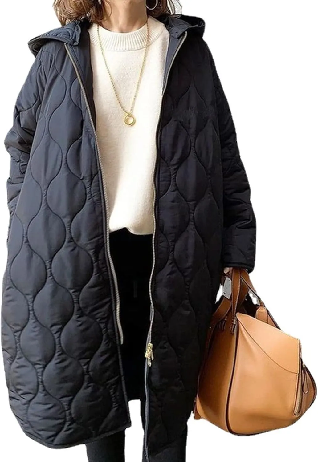 Sexyshine Women's Diamond Quilted Jacket Zipper Up Hooded Long Lightweight Padding Down Coat with Pockets
