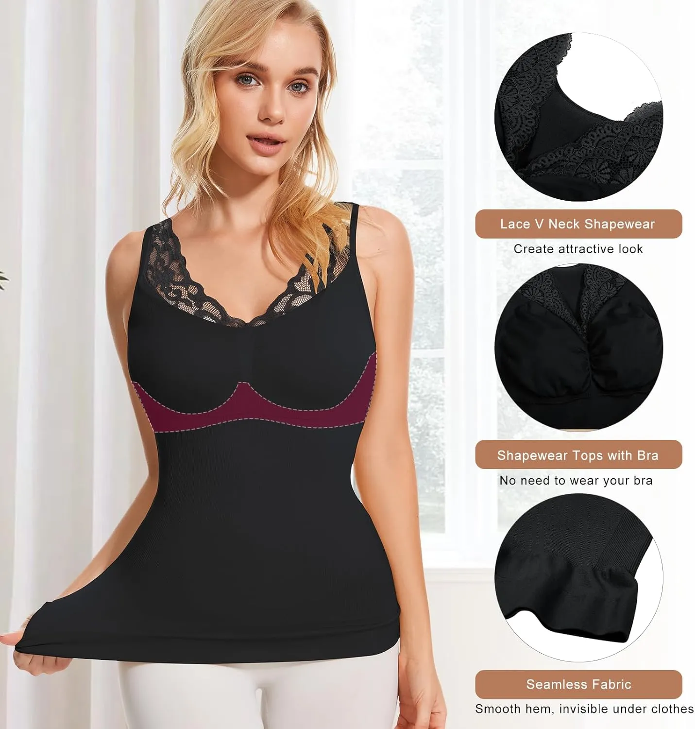 Shapewear Tank Tops for Women Tummy Control Shaper Cami with Built in Bra Lace Slimming Camisole Compression Tanks
