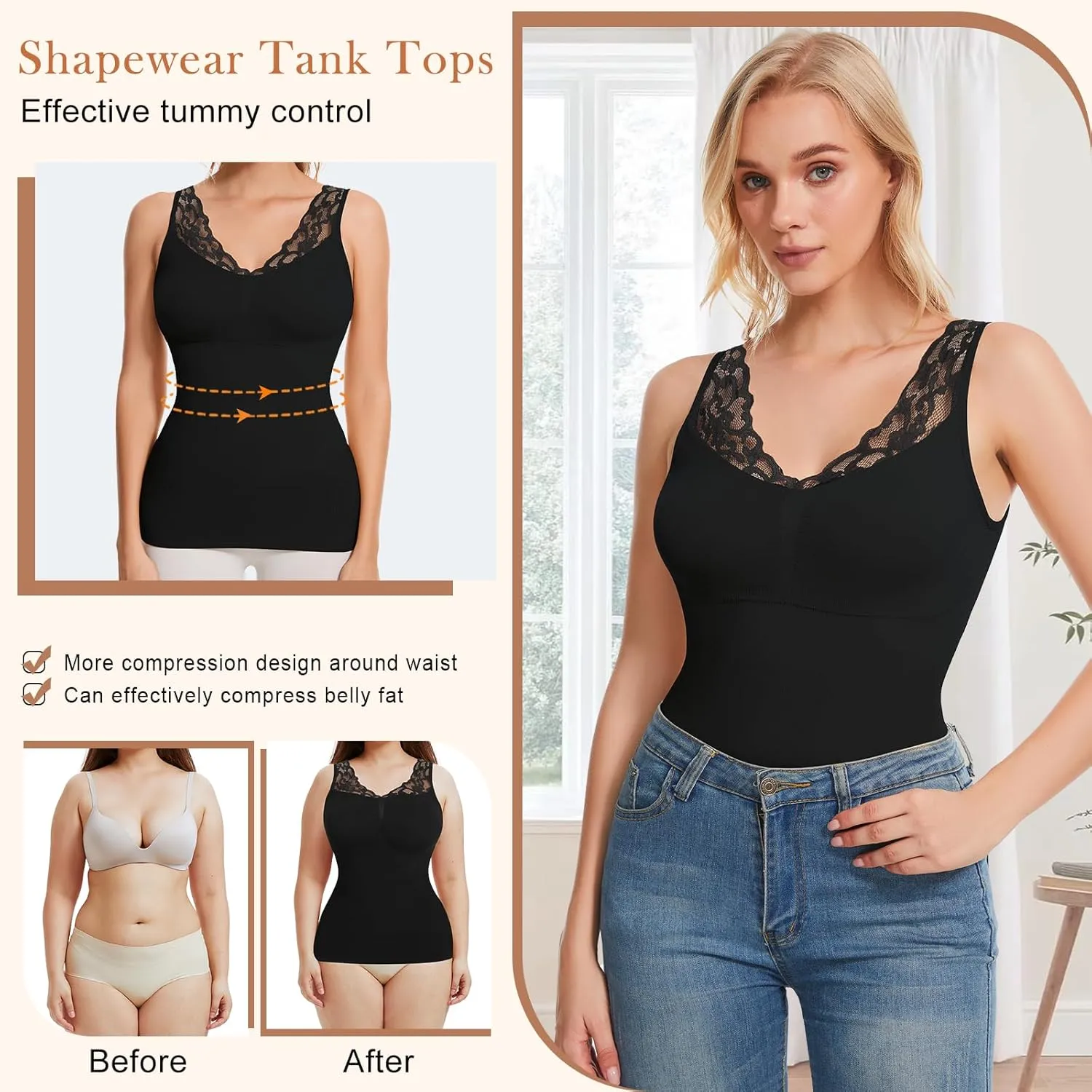 Shapewear Tank Tops for Women Tummy Control Shaper Cami with Built in Bra Lace Slimming Camisole Compression Tanks