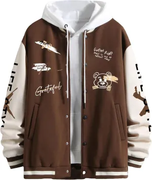 SHENHE Men's Slogan Graphic Button Down Varsity Jacket Baseball Bomber Jackets