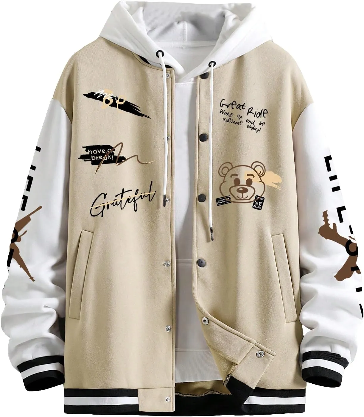 SHENHE Men's Slogan Graphic Button Down Varsity Jacket Baseball Bomber Jackets